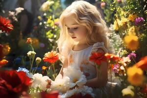 ai gerado pequeno Loiras menina dentro ao ar livre flor jardim, com panorama cheio ou flores brilhante e ensolarado dia foto