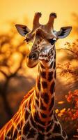 uma majestoso girafa em pé alta contra a pano de fundo do a africano savana, ai generativo foto