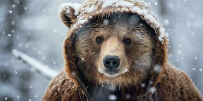 uma grisalho Urso caminhando tempestade de neve ai generativo foto