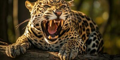magnífico jaguar em repouso em uma árvore tronco com aberto boca ai generativo foto