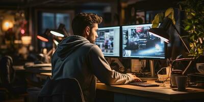 costas Visão retrato do uma jovem homem usando computador portátil às dele local de trabalho generativo ai foto