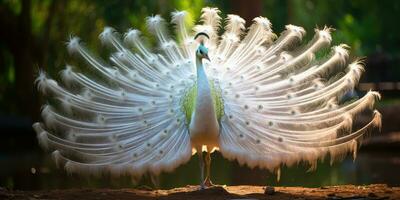 uma lindo branco pavão mostrando fora Está lindo penas, ai generativo foto