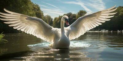 uma brilhando branco emplumado cisne sentado em uma verde lago, ai generativo foto