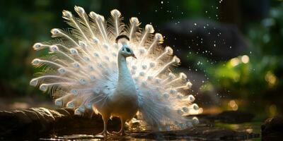 uma lindo branco pavão mostrando fora Está lindo penas, ai generativo foto