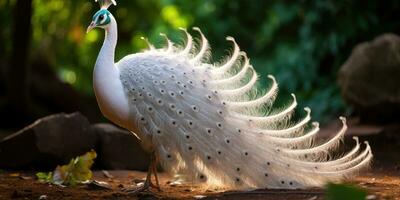 uma lindo branco pavão mostrando fora Está lindo penas, ai generativo foto