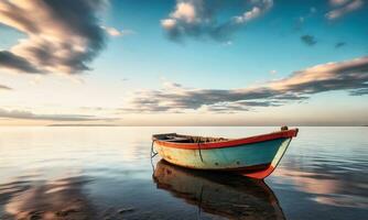 solitário barco em a calma e sereno azul mar. livre foto. ai generativo foto