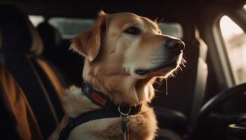 fofa de raça pura cachorro sentado dentro carro, ao ar livre gerado de ai foto