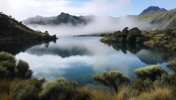 majestoso montanha alcance reflete dentro tranquilo lagoa gerado de ai foto