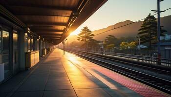 uma quieto trem estação com uma pano de fundo do montanhas e pinho árvores ai generativo foto