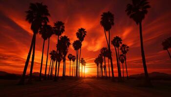 dramático Palma árvore silhueta do deserto pôr do sol generativo ai foto