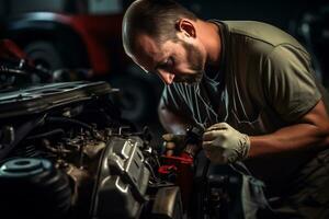 especializado mecânico trabalhando dentro automotivo reparar fazer compras ai generativo foto