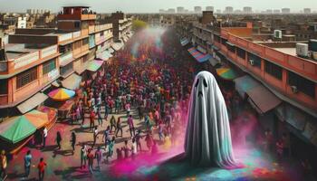 holi festival com a espectral figura isolado em 1 lado, enfatizando Está profundo tristeza e isolamento durante a vibrante celebração. ai generativo foto