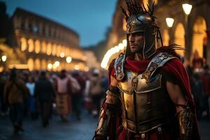 uma rua artista vestido Como uma romano gladiador uma foto do uma corredor correndo através uma cidade parque ai generativo