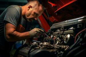 especializado mecânico trabalhando dentro automotivo reparar fazer compras ai generativo foto