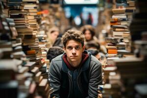 desanimado pessoa no meio lotado livraria refletindo profundo emocional vácuo foto