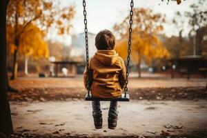 criança sozinho em Parque infantil balanço fundo com esvaziar espaço para texto foto