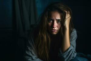 jovem mulher retratando intenso emocional angústia dentro vagamente aceso solidão foto