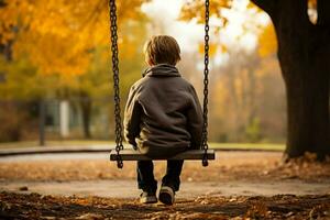 criança sentado sozinho em parque balanço refletindo perceptível emocional angústia foto
