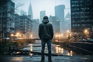 solitário adulto masculino dentro corajoso paisagem urbana fundo com esvaziar espaço para texto foto