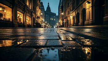 calçada às noite depois de chuva com molhado ruas ai generativo foto