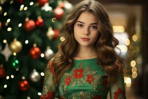 uma jovem menina vestindo vermelho e verde vestir dentro frente do a decorado Natal árvore ai generativo foto