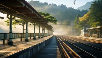 uma quieto trem estação com uma pano de fundo do montanhas e pinho árvores ai generativo foto