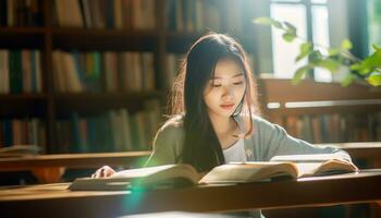 ásia menina lendo uma livro dentro a biblioteca foto