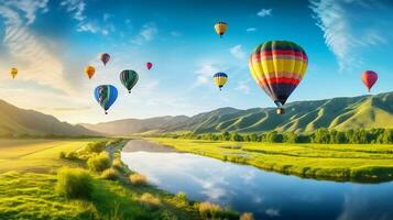 quente ar balão sobre uma panorama do rios e montanhas generativo ai foto