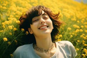 ásia menina deitado dentro uma Prado cheio do flores generativo ai foto