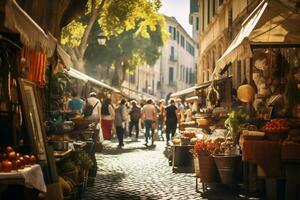 uma foto do uma movimentado rua mercado dentro Roma ai generativo