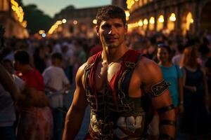 uma rua artista vestido Como uma romano gladiador uma foto do uma corredor correndo através uma cidade parque ai generativo