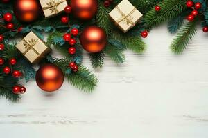 Natal ou Novo ano fundo, avião composição fez do natal decorações e abeto galhos, plano deitar, em branco espaço para uma cumprimento texto. generativo ai. foto