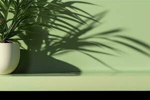 moderno mínimo esvaziar fosco verde contador mesa principal, bambu Palma árvore dentro luz solar, folha sombra em verde parede fundo para luxo produtos mostrar. generativo ai. foto