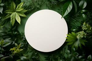 branco volta modelo pódio brincar para natural orgânico Cosmético produtos apresentação de Anúncios conceito em verde eco floresta fresco folhas natureza plano deitar fundo, generativo ai. foto