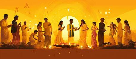 indiano festival feliz diwali com diwali adereços, amarelo feriado fundo, diwali celebração cumprimento cartão. ai gerado foto