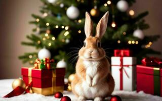 Coelho a comemorar Natal dentro estilo ai gerado foto