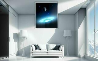 extraterrestre elegância uma dormir e minimalista espaço quarto com cósmico textura ai gerado foto