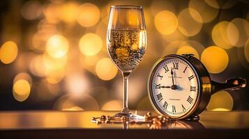 ai generativo Novo anos véspera champanhe com bokeh luz e relógio foto