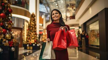 ai generativo pessoas do diferente etnia, era e gênero segurando Natal compras presente bolsas dentro Shopping todos sobre a mundo foto