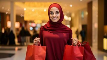 ai generativo pessoas do diferente etnia, era e gênero segurando Natal compras presente bolsas dentro Shopping todos sobre a mundo foto