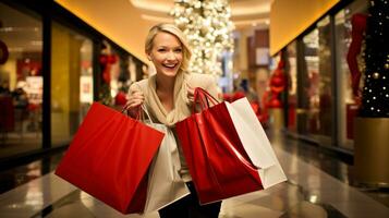 ai generativo pessoas do diferente etnia, era e gênero segurando Natal compras presente bolsas dentro Shopping todos sobre a mundo foto