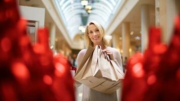 ai generativo pessoas do diferente etnia, era e gênero segurando Natal compras presente bolsas dentro Shopping todos sobre a mundo foto