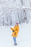 feliz menina fotógrafo dentro uma amarelo Jaqueta leva As fotos do inverno dentro uma Nevado parque