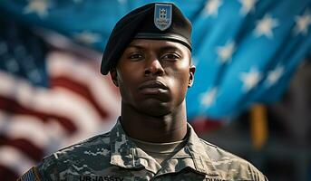 retrato do jovem africano americano soldado em a fundo do a americano bandeira ai gerado foto