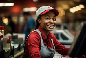 retrato do uma jovem africano americano caixa sorridente às a Câmera dentro uma café fazer compras ai gerado foto