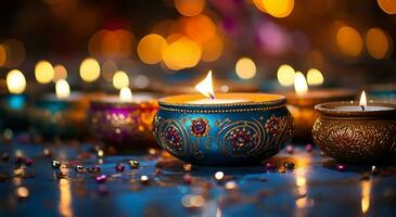 lindo diwali diya com queimando velas em Sombrio fundo ai gerado foto