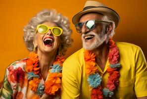 alegre Senior casal posando em uma amarelo fundo. beleza, moda ai gerado foto