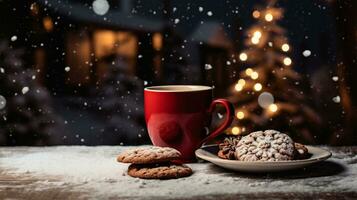 Natal copo do café e biscoitos em uma de madeira fundo com Natal árvore e bokeh ai gerado foto