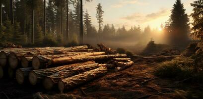 de madeira Histórico dentro a floresta às nascer do sol. panorâmico Visão ai gerado foto