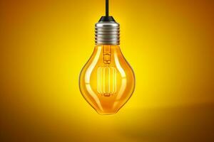 uma luz lâmpada suspensão a partir de uma fio em uma amarelo fundo, generativo ai foto